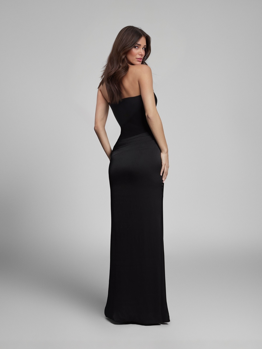 Elegant Strapless Draped Satin Maxi Dress