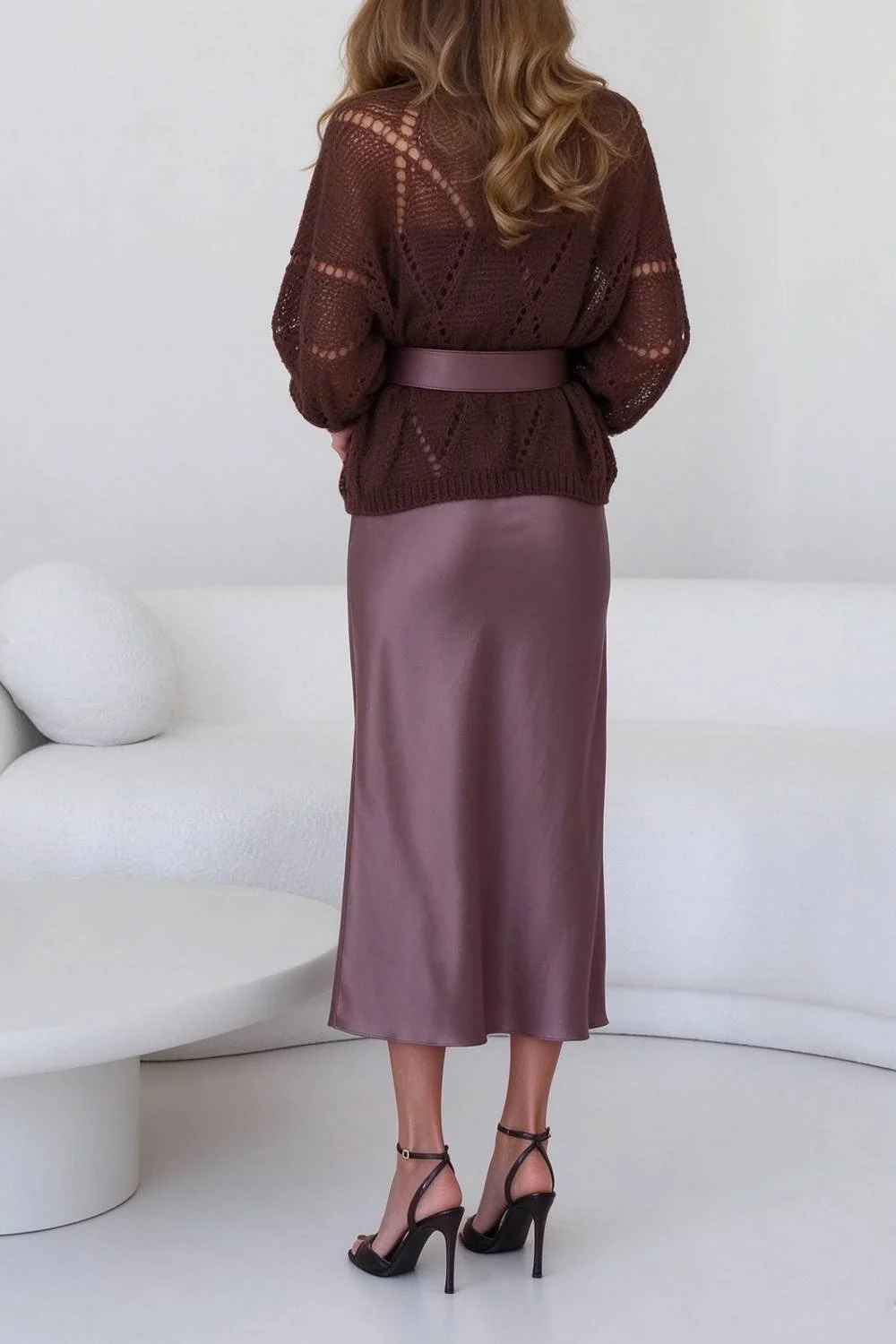 Women Brown Open Knit Balloon Sleeve Cardigan and Satin Midi Skirt Two Piece Set