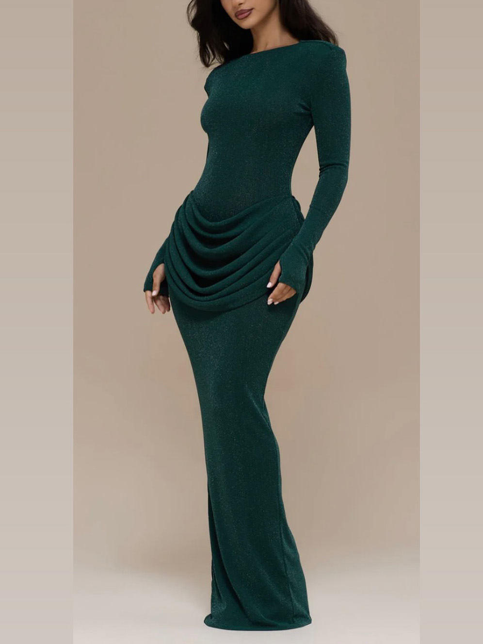 Elegant Pleated Long-sleeved Slim-fit Maxi Dress
