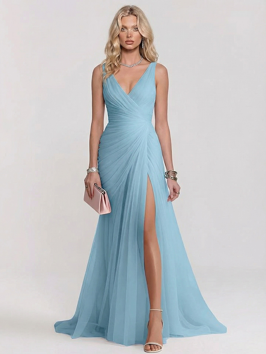 Elegant V-Neck Ruched Tulle High Slit Maxi Dress