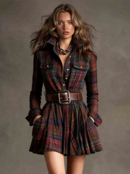 Retro Plaid Single-breasted Mini Dress