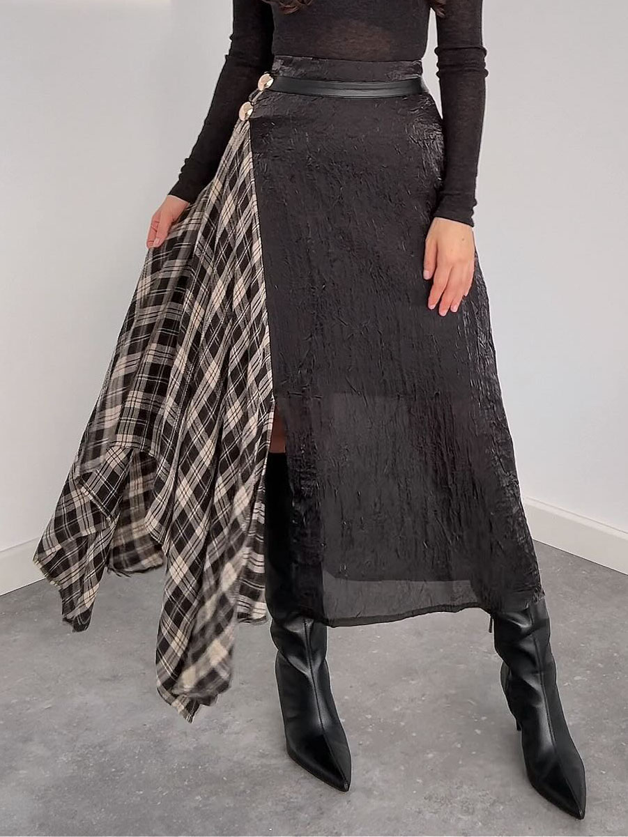 Casual T-shirt & Plaid Midi Skirt Two-piece Set