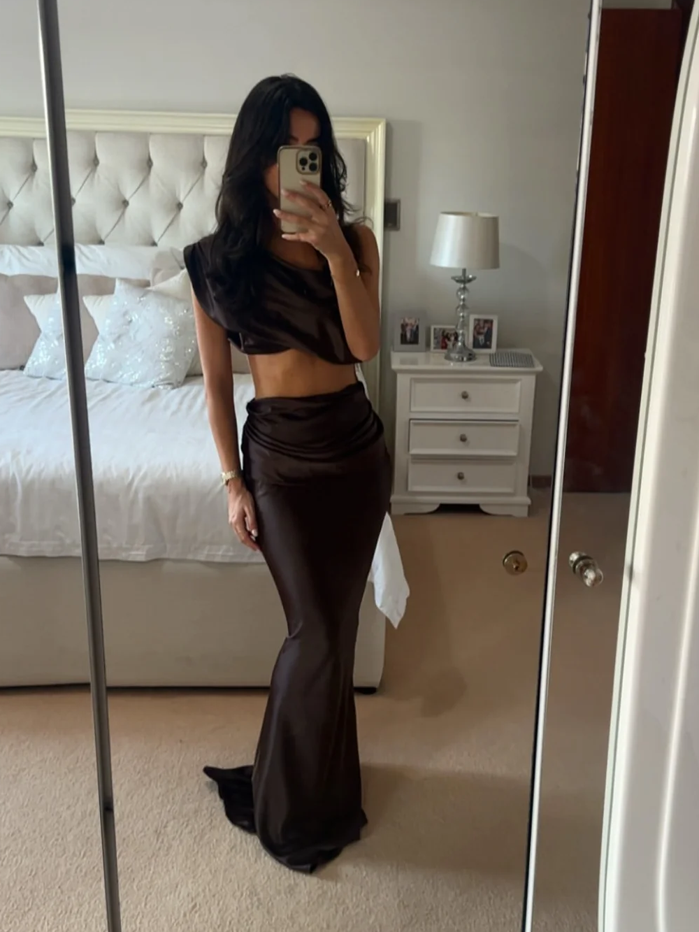 Satin Waist Structured Pleated Draped Maxi Skirt