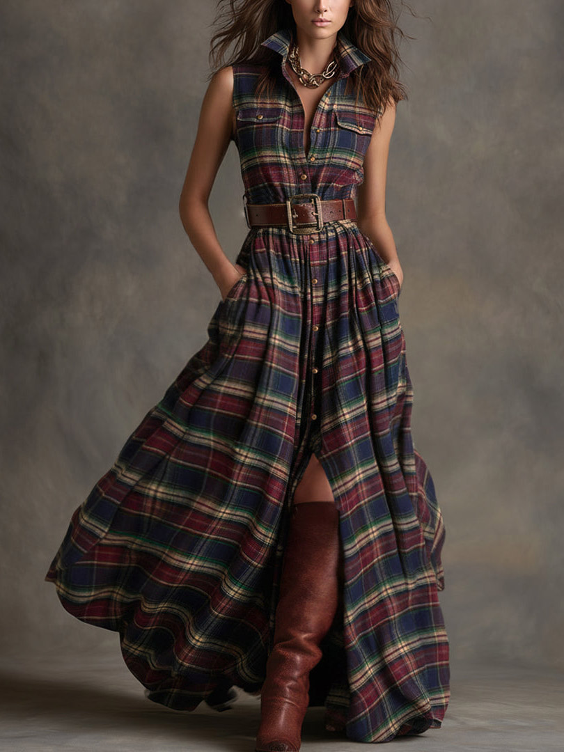 Casual Plaid Print Sleeveless Shirt Maxi Dress