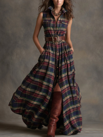 Casual Plaid Print Sleeveless Shirt Maxi Dress