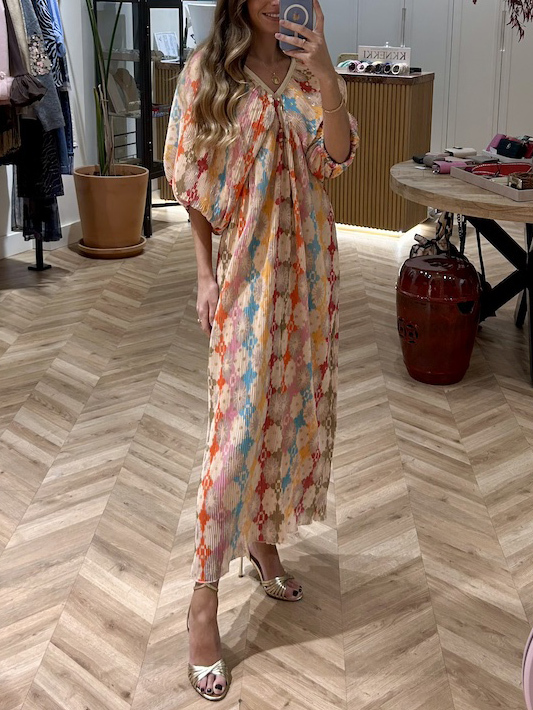 Unique Mosaic Printed Puff Sleeve Pleated Midi Dress
