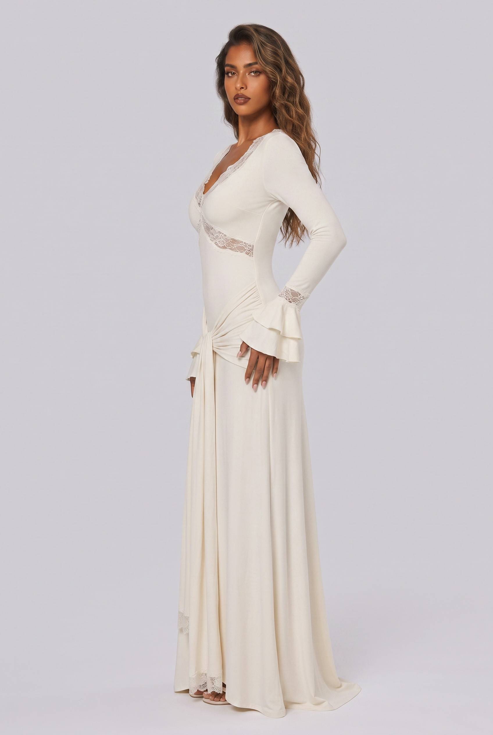 Tight Waist Lace Trim Horn Sleeve Long Dress