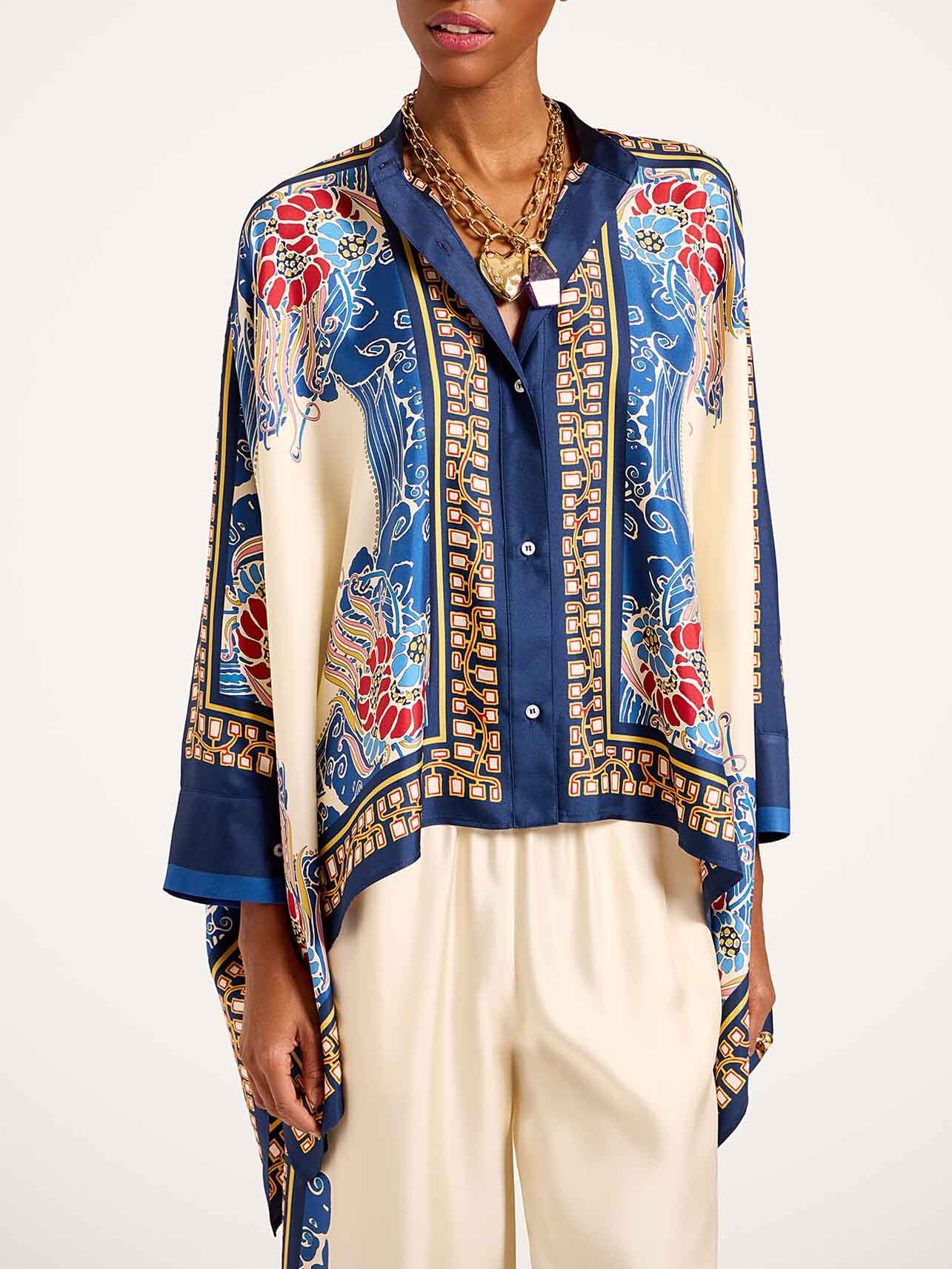 Elegant Bohemian Print Draped Kimono Shirt