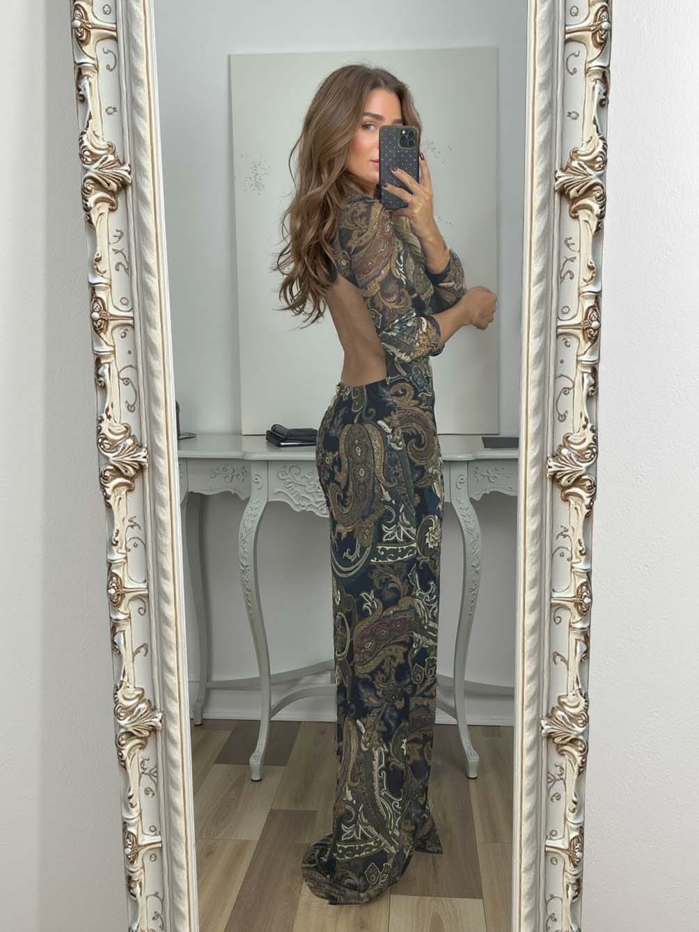 Elegant Long-Sleeve Paisley Print Deep V-Neck Maxi Dress
