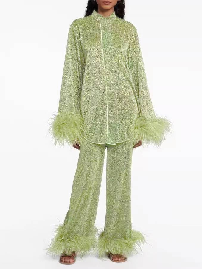 Feather Stand Collar Shirt Wide-leg Pants Suit