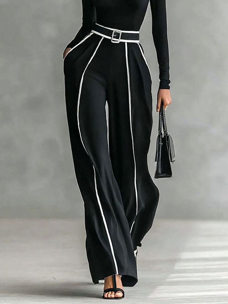 Elegant Contrast Trim High Waist Wide Leg Pants