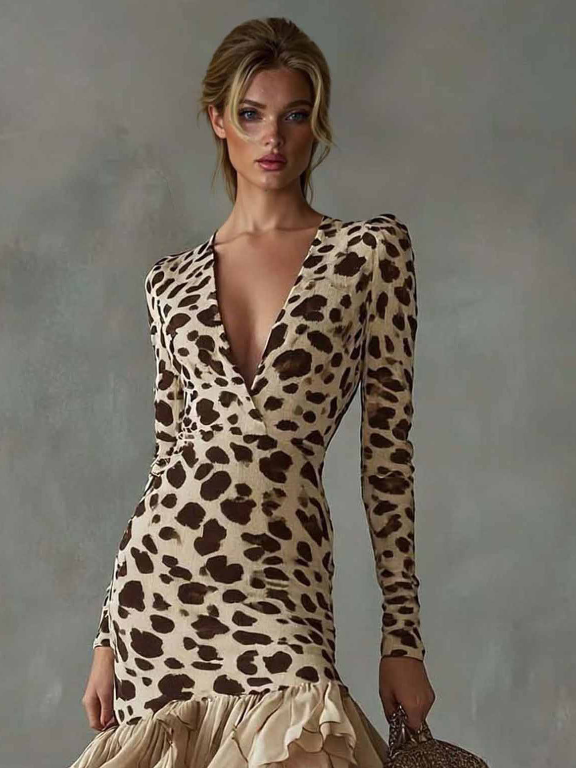 Ruffled V-neck Printed Maxi Dress