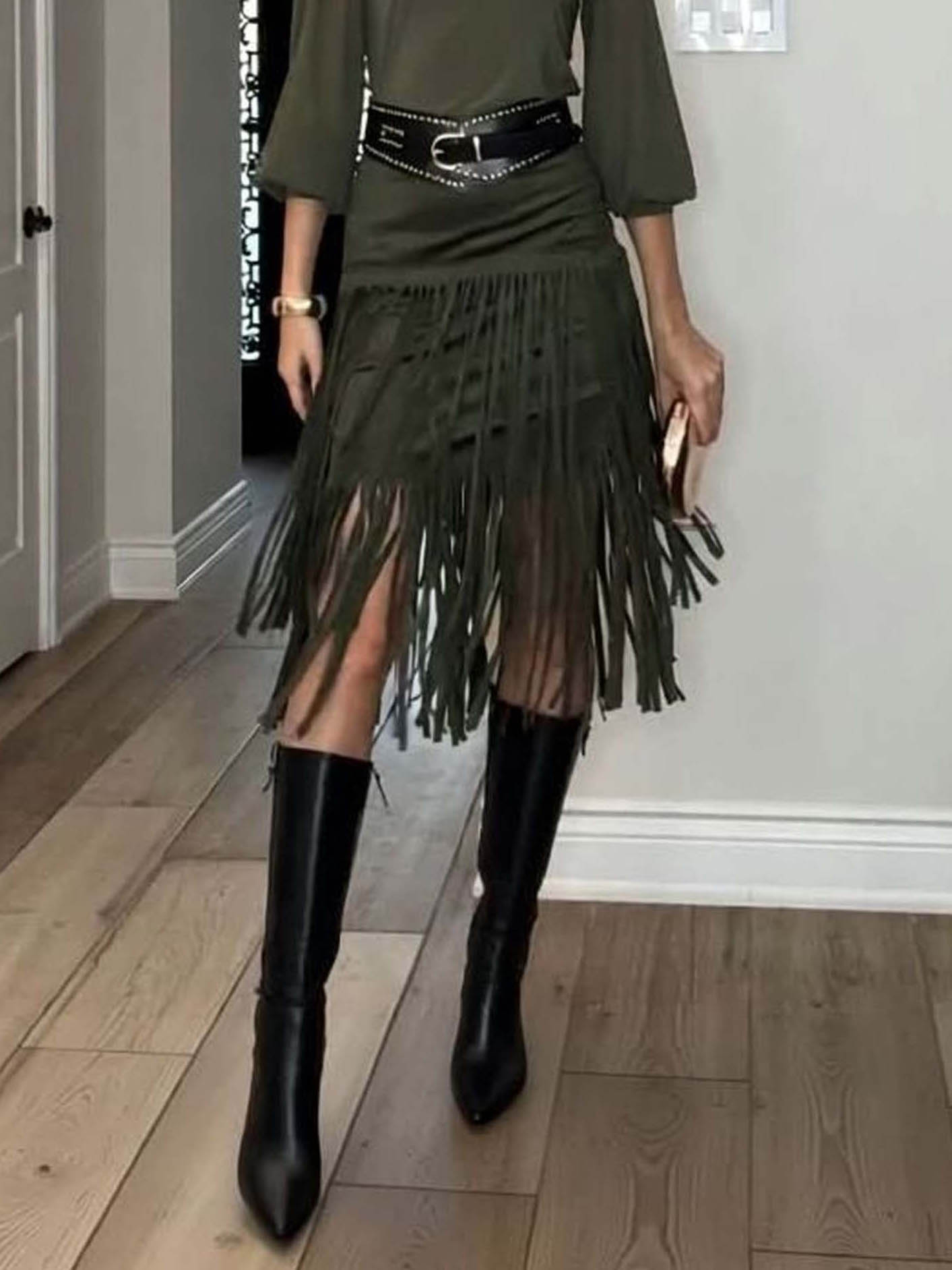 Elegant High-Waist Fringe Midi Skirt