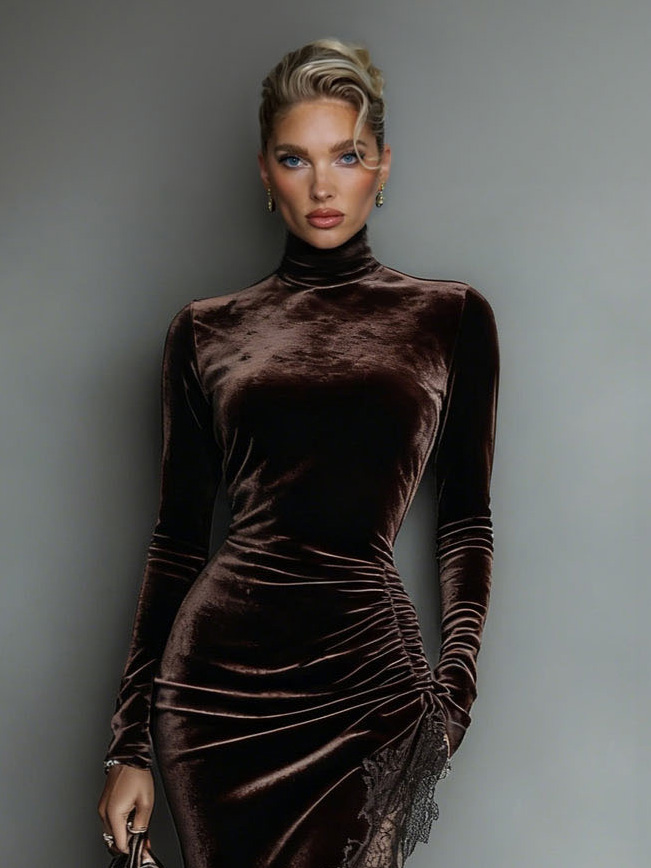 Elegant Lace-trimmed Drawstring Slit Maxi Dress