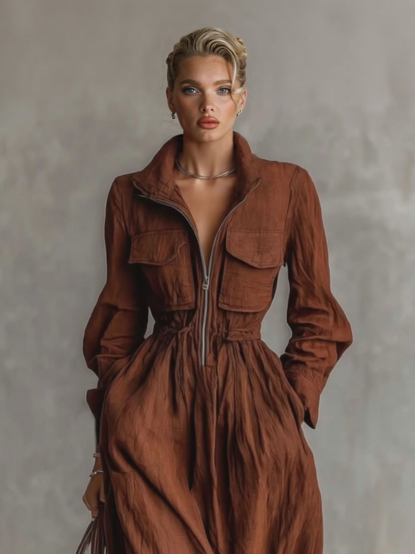 Casual Zip-up Collar Elastic Waist Maxi Dress