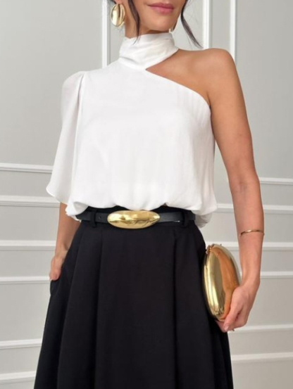 Elegant Asymmetrical Collar Shirt & Skirt Two-Piece Set