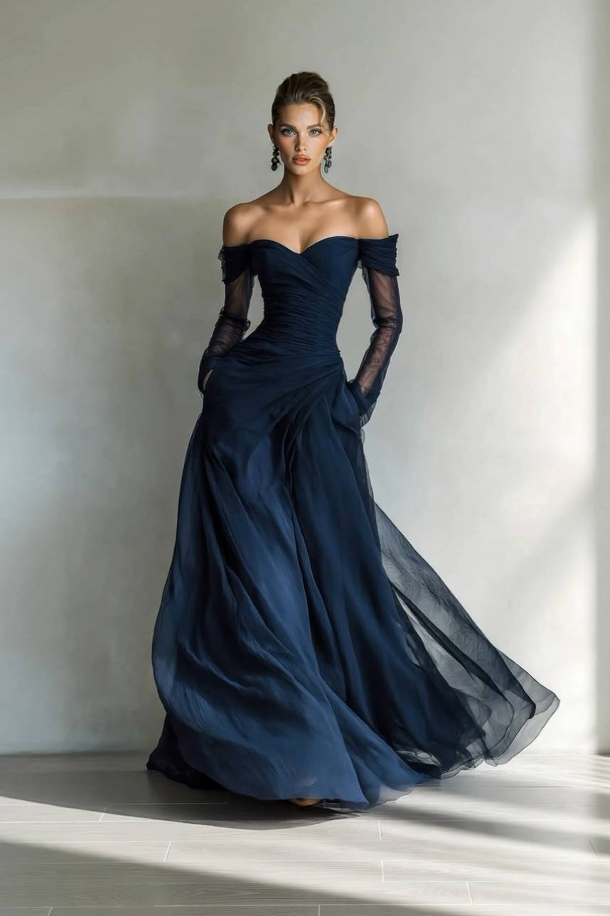 Off-Shoulder Mesh Splicing Maxi Dress