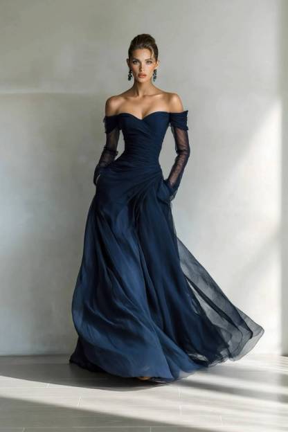 Off-Shoulder Mesh Splicing Maxi Dress