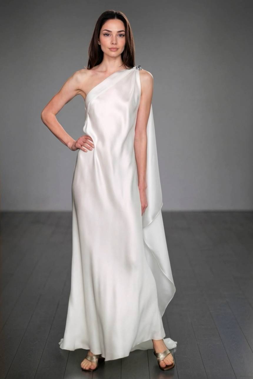 Slant Shoulder A- Line Maxi Dress