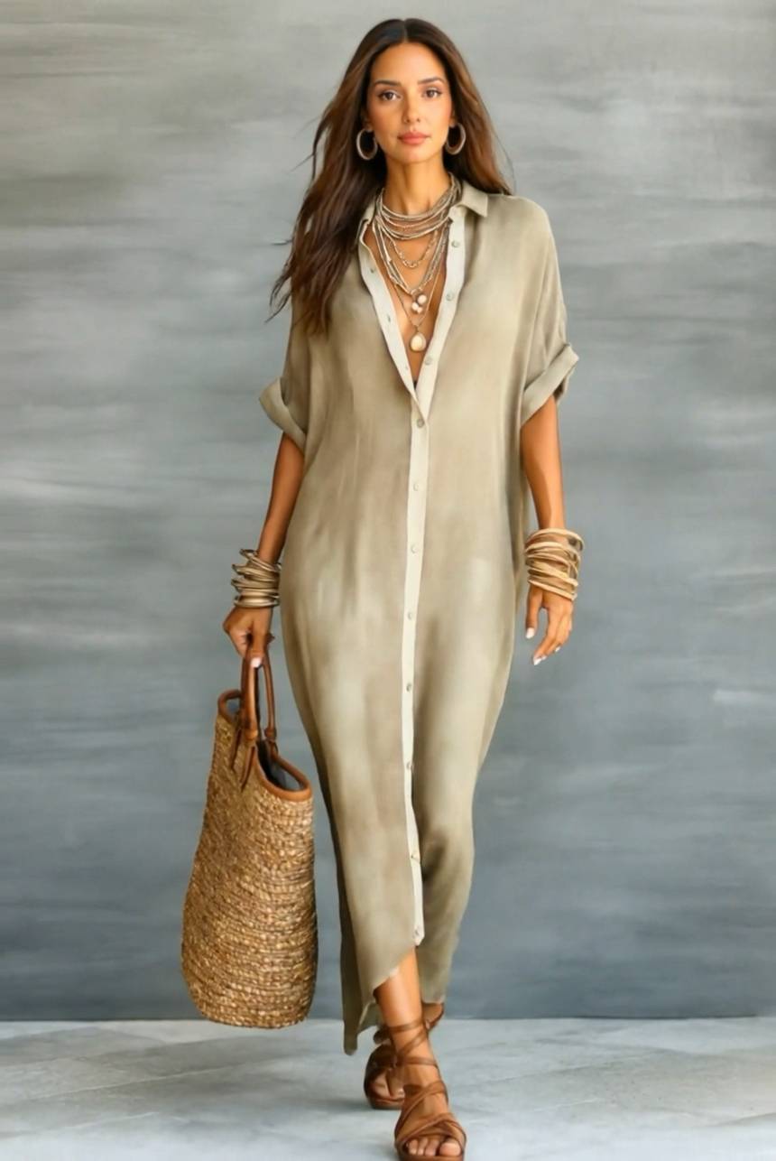 Color Contrast Loose Maxi Shirt Dress