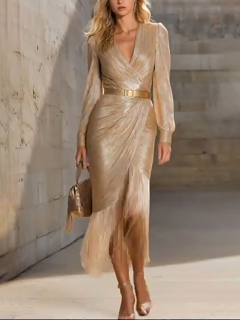 Elegant Tassel Wrap-around Slim-fit Maxi Dress