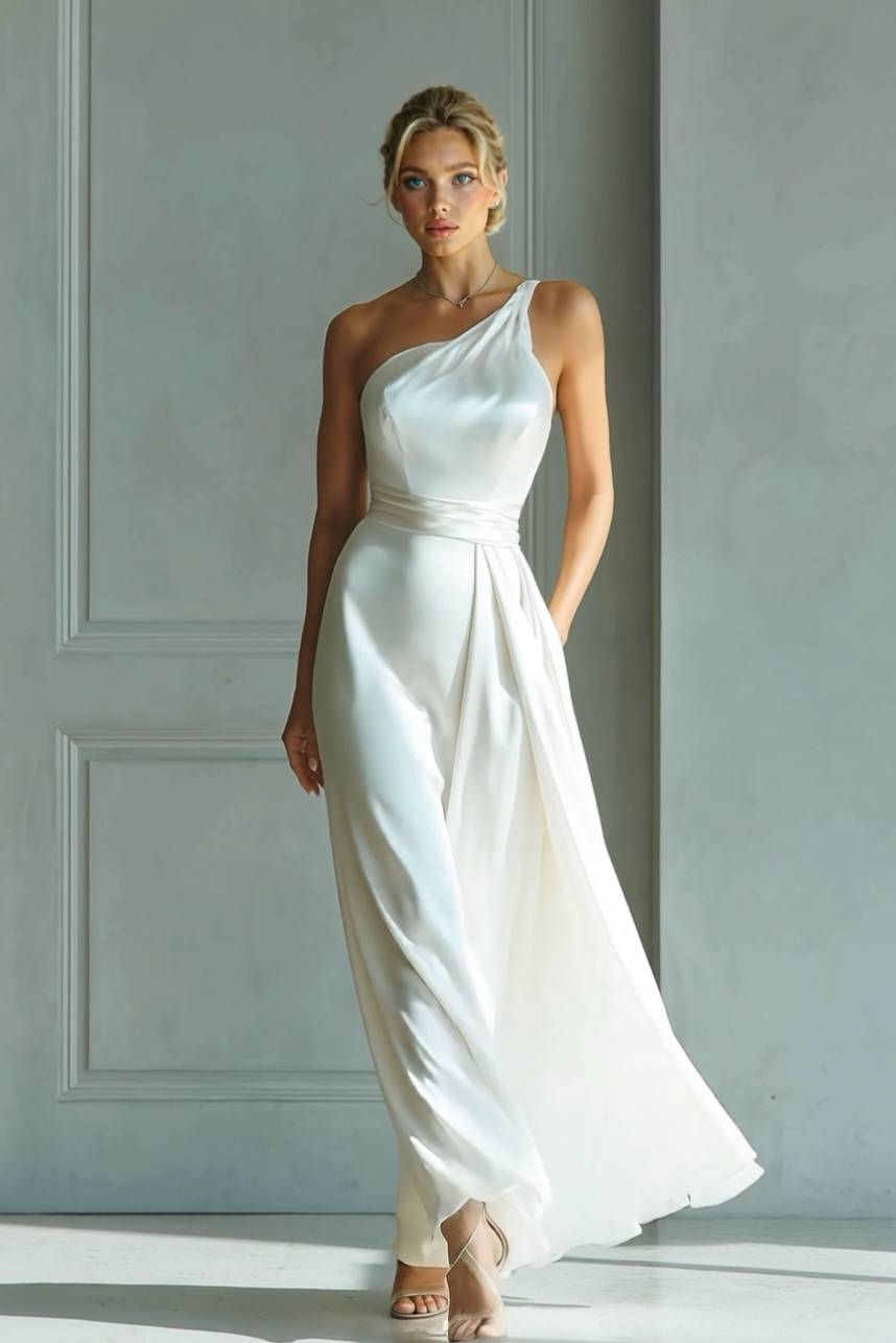 Slanted Collar High-Waist A- Line Maxi Dress 