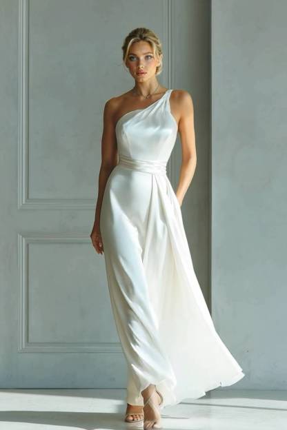 Slanted Collar High-Waist A- Line Maxi Dress 