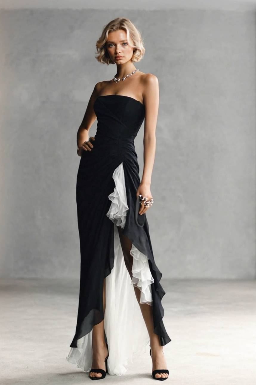 Strapless Slit Ruffled Maxi Dress