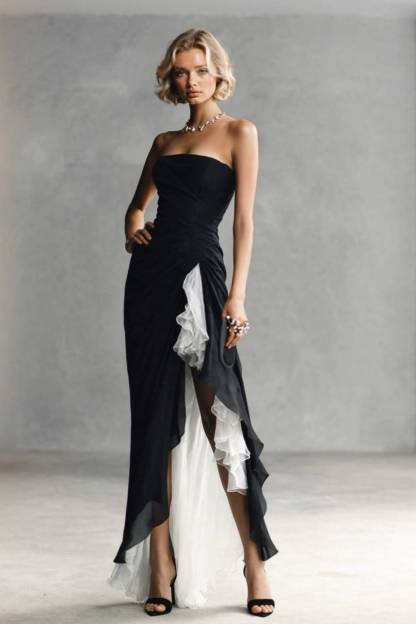 Strapless Slit Ruffled Maxi Dress
