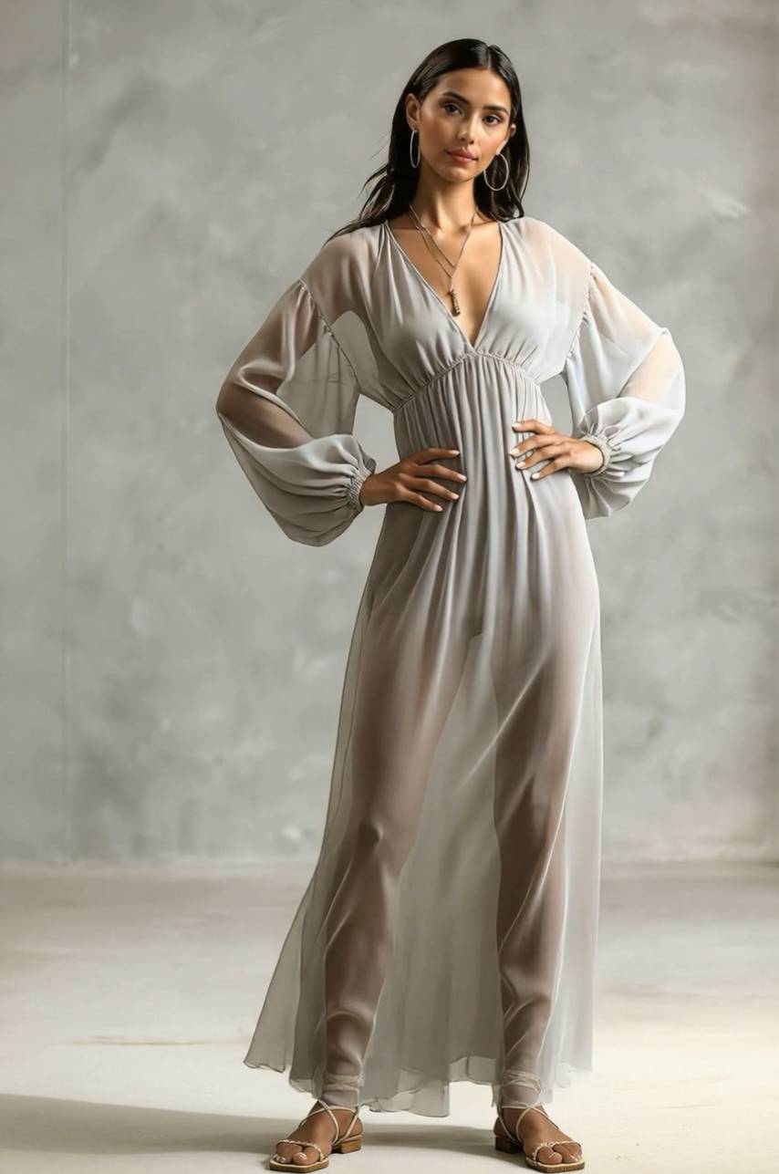 V-neck Long-sleeved Chiffon Maxi Dress