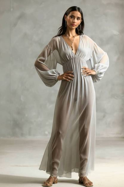 V-neck Long-sleeved Chiffon Maxi Dress
