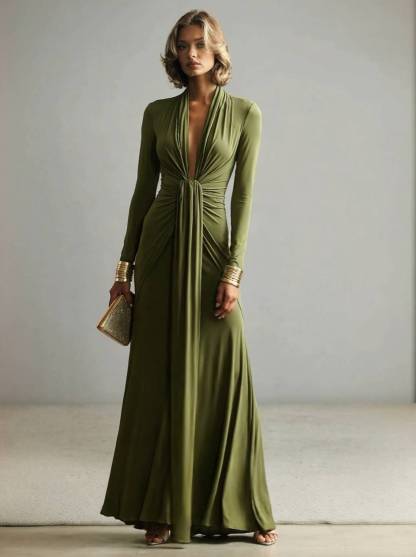 V-Neck Pleated Long Sleeve Dress 