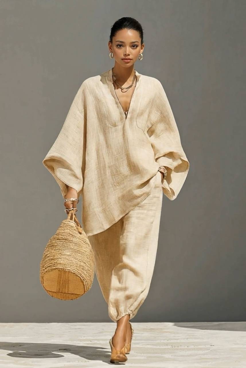 Vertical Collar Loose Shirt And Pants Set