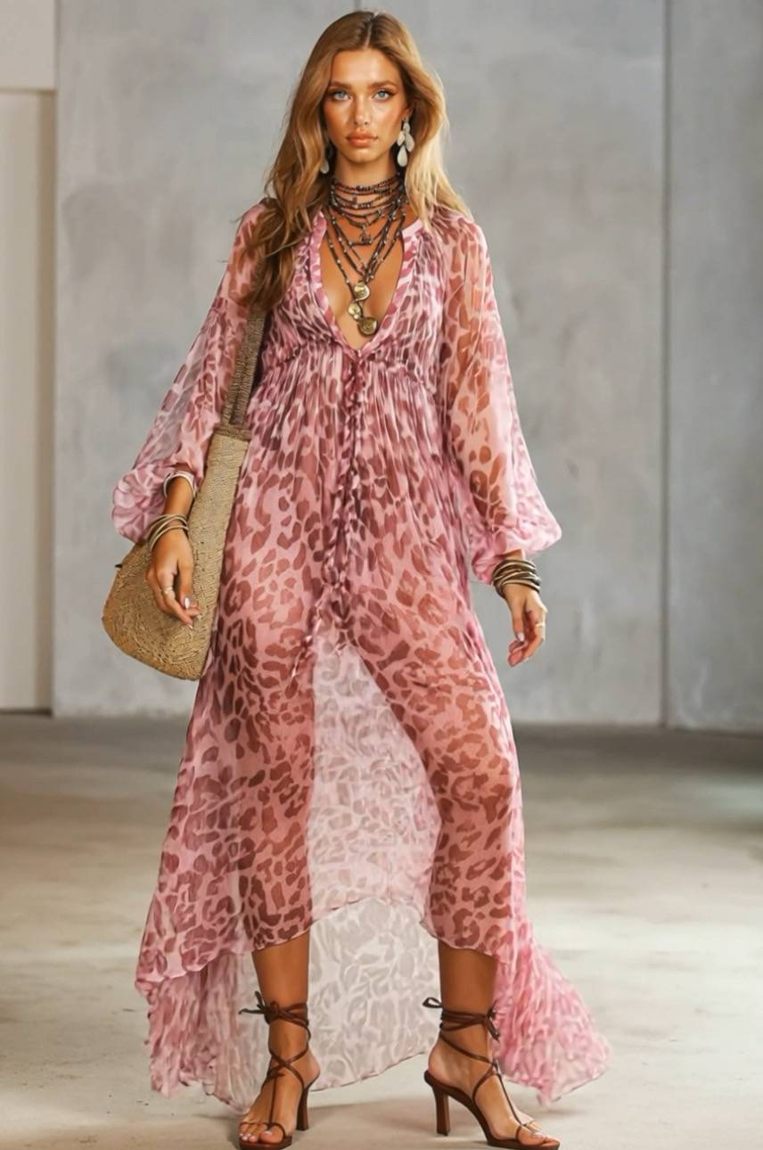 Leopard-Printed Puff-Sleeve Maxi Dress