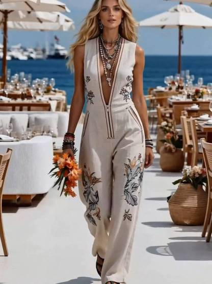 Deep V-Neck Printed Jumpsuit