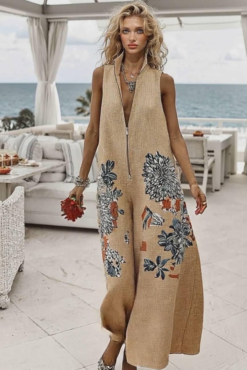 Stand Collar Printed Jumpsuit