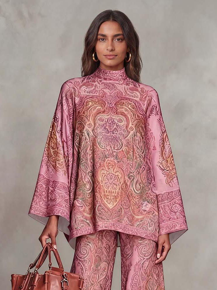 Elegant Satin Paisley Print Batwing Sleeve Two-Piece Set