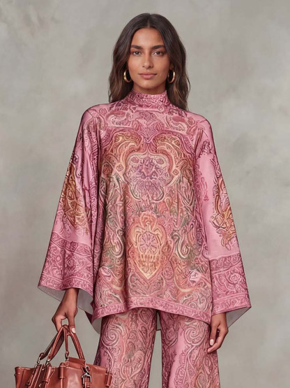 Elegant Satin Paisley Print Batwing Sleeve Two-Piece Set
