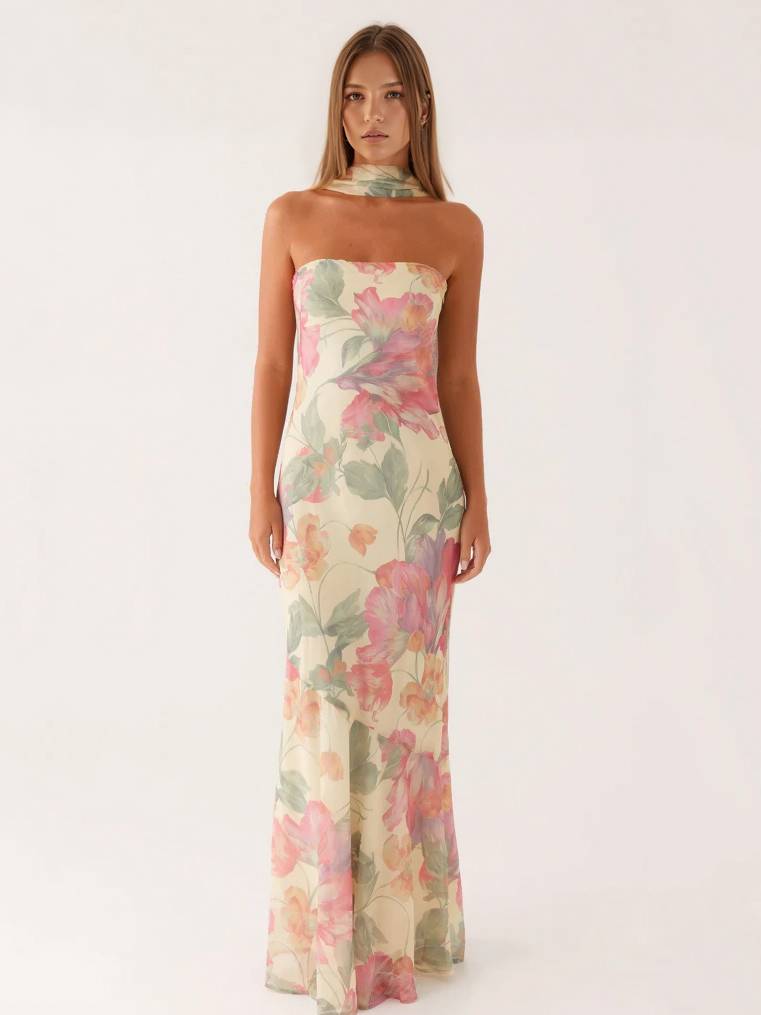 Tube Top Printed Ribbon Dress