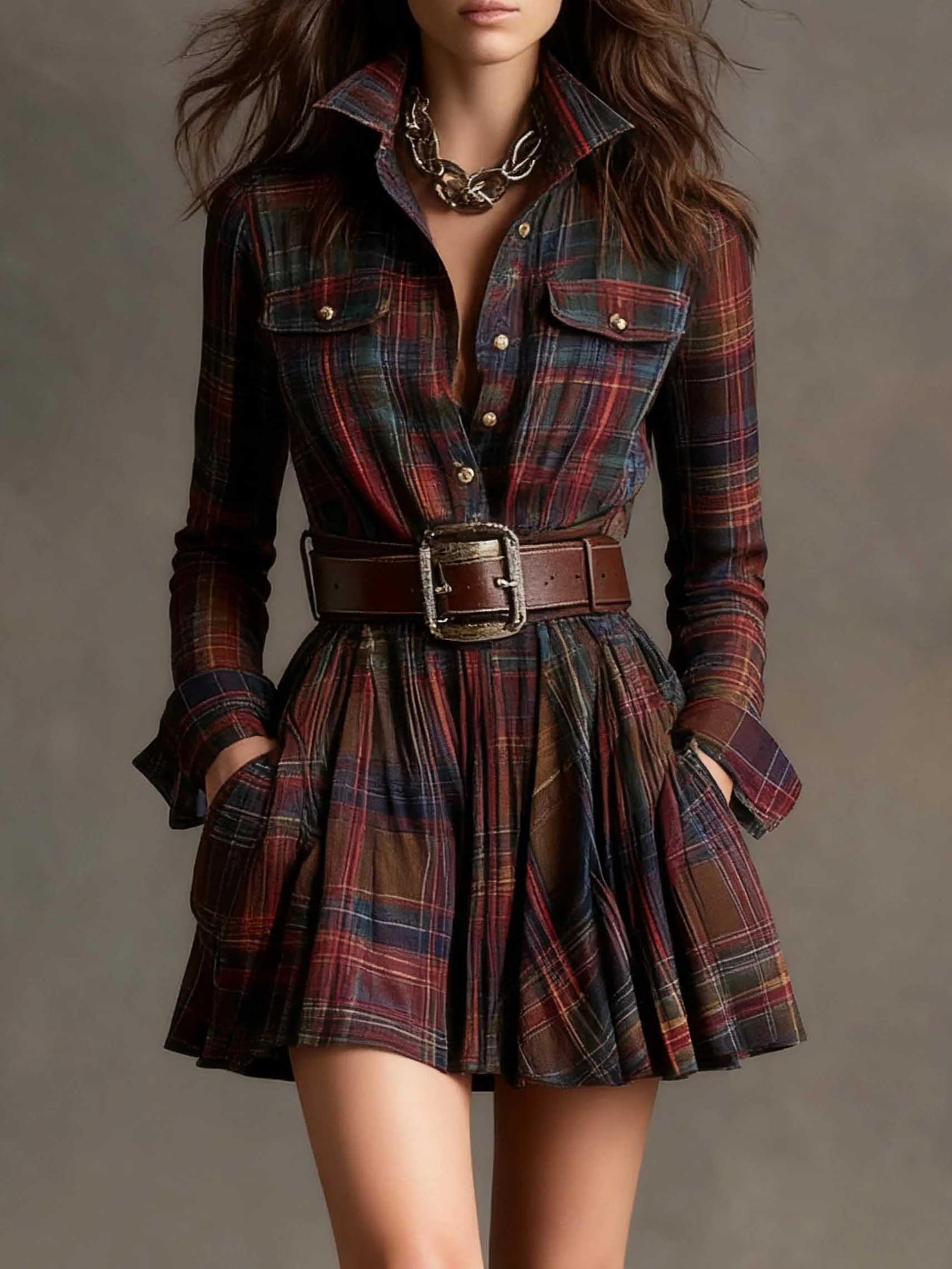 Retro Plaid Single-breasted Mini Dress