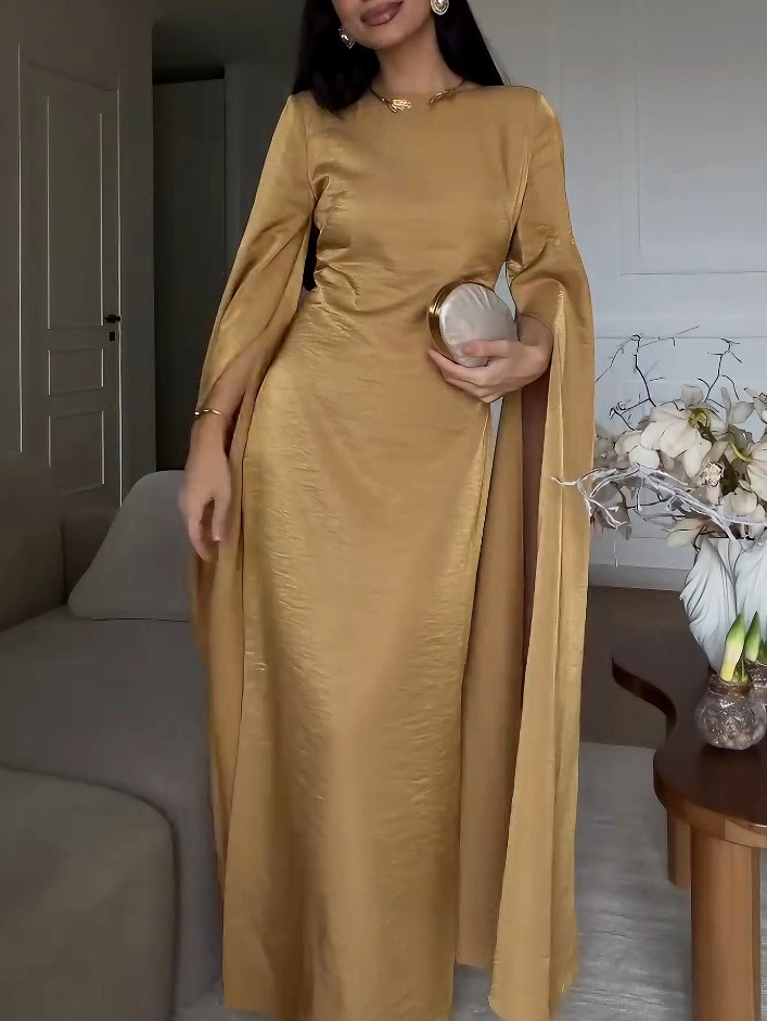 Simple Draped Sleeve Satin Maxi Dress