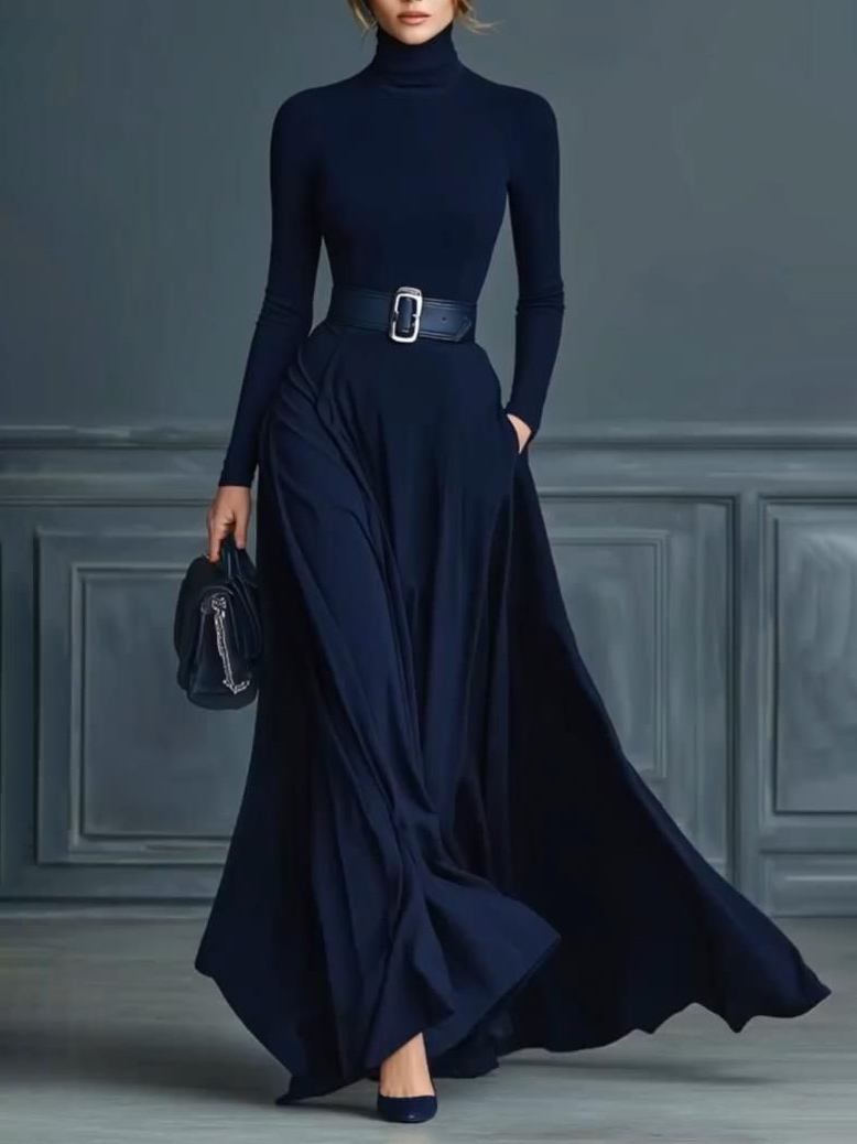 Minimalist High-neck Long-sleeved Maxi Dress