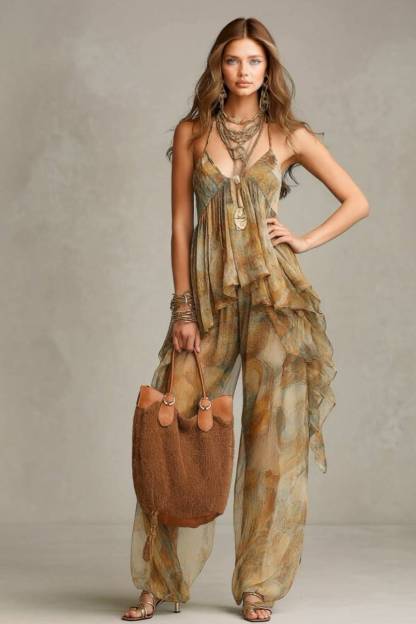 Printed Sling Top And Wide Leg Pants Set