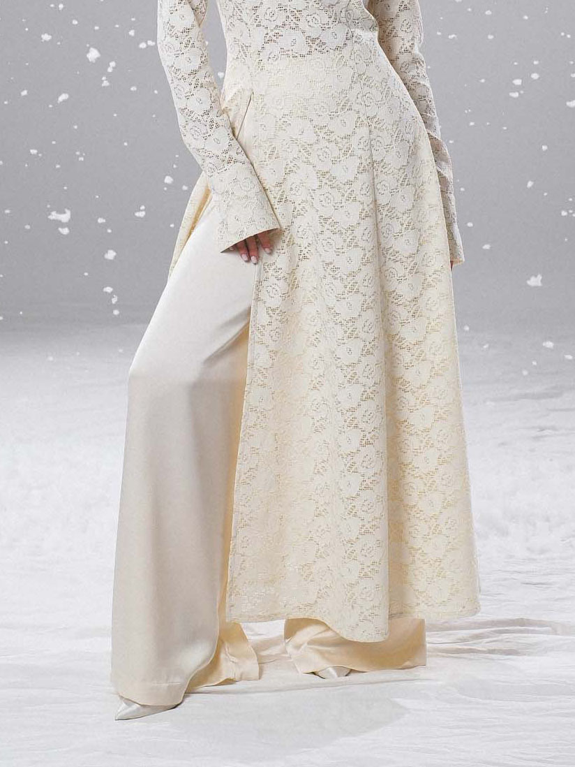 Elegant High-neck Lace Robe & Trousers Two-piece Set