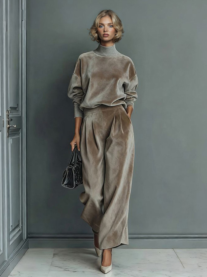 Elegant High-neck Velvet Pleated Wide-leg Pants Two-piece Set