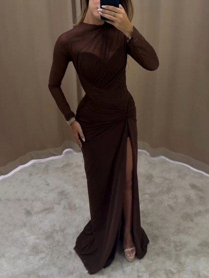 Elegant Draped Long-sleeved Maxi Dress