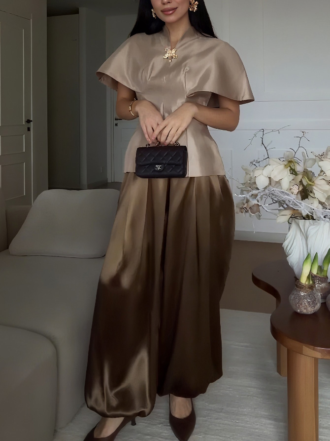 Exquisite Satin Cape Top & Wide-Leg Trousers Two-Piece Set
