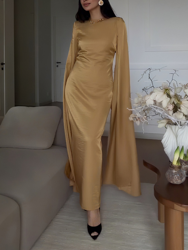 Simple Draped Sleeve Satin Maxi Dress