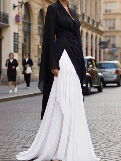 V-neck High-waisted A- Line Maxi Dress