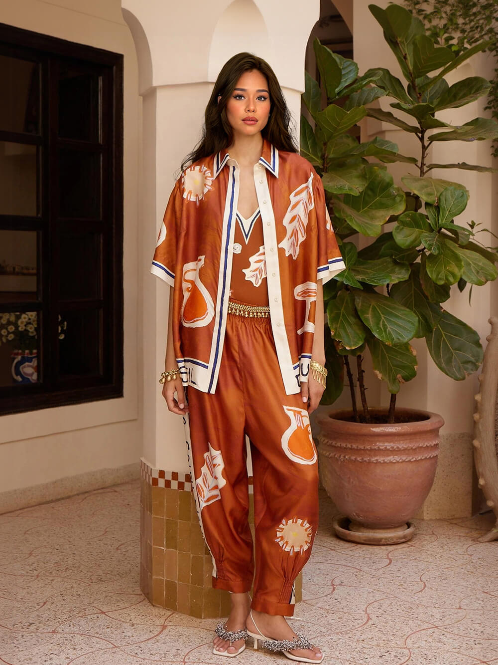 Unique Satin Print Elastic Waist Loose Pleated Tapered Pants